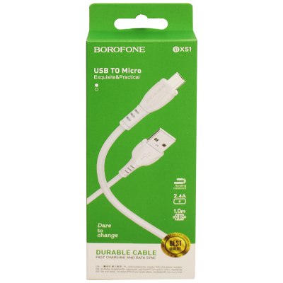 Кабель microUSB Borofone длина 1м, 2,4А, коробка, белый (BX51 Triumph)