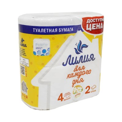 Бумага туалетная Лилия 2х сл. 4шт Белая 13м/12