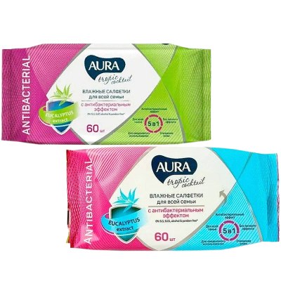 Салфетки влажные AURA антибакт. TROPIC COCKTAIL АССОРТИ 60шт 33534