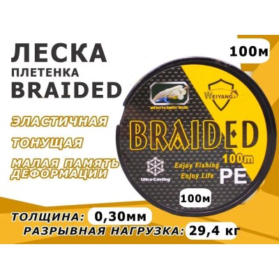 Леска BRAIDED плетенка 100м 0,30мм 29,4кг